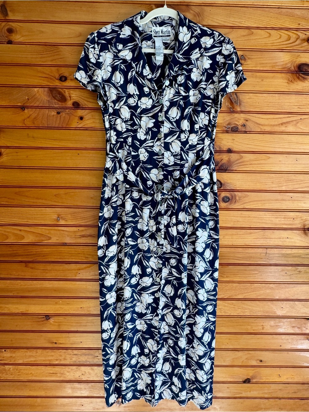 90s Floral Midi Dress 8 Navy Ivory Tulip Belted Vintage Sheri Martin Romantic